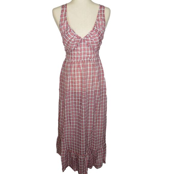 Halara Pink Multi Plaid Lightweight Flowy Ruffled Hem V Neck Dress Size Small - Picture 6 of 9